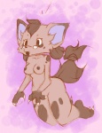 3_fingers anthro breasts brown_body brown_eyes brown_fur brown_inner_ear_fluff brown_nipples brown_nose brown_tongue claws eyewear feet female fingers fur glasses gloves_(marking) inner_ear_fluff leg_markings markings nipples nude purple_background simple_background small_breasts socks_(marking) solo tail toes tongue tongue_out tuft white_claws momorodent mammal unknown_species