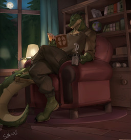 4_toes anthro beverage book cabin coffee coffee_cup container cup feet light male moonlight paws raised_paw sitting solo toes mythology revie dragon mythological_creature mythological_scalie scalie absurd_res hi_res