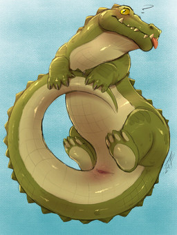 ambiguous_gender animal_genitalia blep cloaca fangs feral genitals glistening glistening_eyes green_body green_scales long_tail looking_at_viewer mouth_closed pupils question_mark red_tongue scales simple_background slit_pupils solo tail tailbutt tan_body tan_scales tapering_tail teeth thick_tail tongue tongue_out wide_crotch yellow_eyes crazydrak crocodile crocodilian reptile scalie 2024 3:4 colored_sketch dated hi_res signature sketch