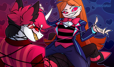 bangs bdsm blue_clothing blush blush_lines bondage bottomwear bound bow_tie clothing coat cosplay costume dominant dominant_female duo ear_tuft eyewear female footwear freckles hair heart_symbol horn jacket long_hair male male/female monocle orange_hair pants pattern_clothing red_clothing red_eyes red_hair restraints rope rope_around_chest rope_around_neck rope_bondage sharp_teeth shoes sitting_on_another smile striped_clothing stripes submissive submissive_male teeth teeth_showing topwear tuft unicorn_horn vest wire zegzagun hazbin_hotel hellaverse alastor_(hazbin_hotel) vox_(hazbin_hotel) human humanoid mammal absurd_res hi_res