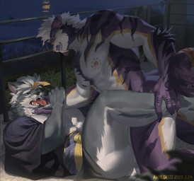 anthro anthro_on_anthro between_legs black_clothing black_nipples black_topwear blue_eyes butt clothing duo eyewear fangs fur glasses grey_body grey_fur grin hair kneeling lying male male/male male_anthro markings muscular muscular_anthro muscular_male nipples nude on_back open_mouth outside pink_nipples purple_body purple_fur red_eyes red_tongue round_glasses short_hair smile striped_arms striped_legs teeth text tongue tongue_out topwear white_body white_fur white_hair yellow_markings awaldkize canid canine felid mammal 2026 absurd_res artist_name dated hi_res