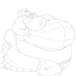 anthro apode belly big_belly big_breasts breasts female huge_belly legless nipples overweight serpentine simple_background solo white_background grindaviking draconcopode naga reptile scalie snake 1:1 2019 hi_res monochrome