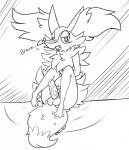 anthro balls blush bodily_fluids fangs fluffy fluffy_tail genital_fluids genitals inner_ear_fluff male paws penis precum solo tail teeth text tuft vein blue-rum nintendo pokemon braixen canid canine generation_6_pokemon mammal pokemon_(species) hi_res monochrome