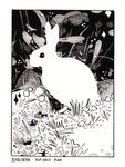 ambiguous_gender black_background black_eyes border expressionless feral fur grass leaf plant shadow side_view simple_background sitting solo sparkles white_body white_border white_fur thezestiestbone inktober lagomorph leporid mammal rabbit 2024 black_and_white cross-hatching dated hatching_(art) hi_res high_contrast monochrome pen_(artwork) shaded traditional_media_(artwork)