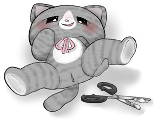 anthro chibi female fur genitals grey_body grey_fur plushie plushophilia scissors solo vulva touboutenshi animate_inanimate domestic_cat felid feline felis living_plushie mammal