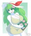 anthro biped blush border breasts cleavage clothed clothing eyelashes female fingers green_background green_eyes green_hair hair hay open_mouth pupils simple_background solo white_body white_border snackbunnii nintendo pokemon generation_4_pokemon legendary_pokemon pokemon_(species) shaymin hi_res