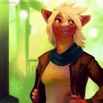 anthro blonde_hair breasts claws clothed clothing female green_eyes hair non-mammal_breasts smile solo gasmask_(artist) mythology dragon mythological_creature mythological_scalie scalie 1:1 2013