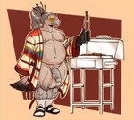 2024 anthro avian balls barazoku barbecue belly big_balls big_penis bird clothing cooking_tongs crayzee609 elderly elderly_male eyes_closed food footwear genitals grill grilling hi_res kitchen_utensils male mature_male meat mostly_nude musclegut muscular overweight overweight_male penis relaxed_expression relaxing robe saggy_balls sandals sausage shoes siegfried_(nightfaux) sig_(nightfaux) socks socks_with_sandals solo striped_genitalia striped_penis stripes thick_thighs tongs tools