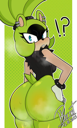 anthro big_butt black_clothing black_topwear blue_eyes blush bodily_fluids body_blush bottomless bottomwear bracelet breasts butt butt_blush clothed clothing ear_piercing exclamation_point eyelashes female fur gloves green_body green_fur green_hair hair hand_on_hip handwear jewelry looking_at_viewer musk musk_cloud piercing ponytail pose question_mark ring sharp_teeth solo studded_bracelet studded_hair_tie studded_jewelry studs sweat sweaty_butt tail teeth thick_thighs topwear white_clothing white_gloves white_handwear wide_hips phornet idw_publishing sega sonic_the_hedgehog_(comics) sonic_the_hedgehog_(idw) sonic_the_hedgehog_(series) surge_the_tenrec afrosoricid mammal tenrec 2026 absurd_res dated digital_media_(artwork) hi_res signature