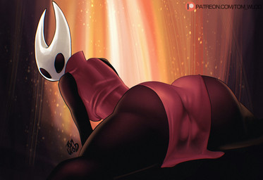 anthro big_butt black_body black_exoskeleton black_eyes butt butt_focus camel_toe clothing exoskeleton female genital_outline horn looking_at_viewer looking_back no_pupils rear_view red_clothing red_robe robe solo spread_legs spreading vulva_outline white_body white_exoskeleton white_horn tomwlod hollow_knight_(franchise) team_cherry hornet_(hollow_knight) arthropod 2025 hi_res