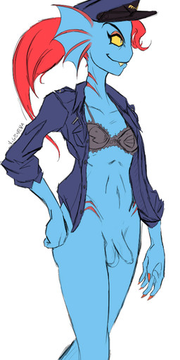 anthro balls bottomless bra clothed clothing flaccid foreskin genitals gynomorph intersex mostly_nude penis police police_uniform simple_background solo underwear uniform white_background v.geneva deltarune undertale_(series) undyne aquatic fish