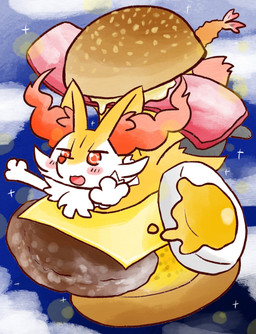 ambiguous_anthro ambiguous_gender anthro biped blush bread burger cheese cloud dairy_products digitigrade dipstick_tail egg food front_view lying markings meat micro on_front open_:3 open_mouth open_smile shrimp_(food) simple_background sky smile snout solo sparkles tail tail_markings three-quarter_view annyui0611 nintendo pokemon braixen canid generation_6_pokemon mammal pokemon_(species) 2022 digital_drawing_(artwork) digital_media_(artwork) hi_res japanese_description translated_description