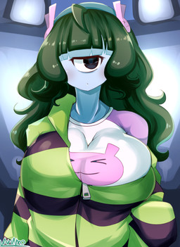 1_eye big_breasts blue_body blush breasts clothing female green_hair hair not_furry open_mouth shirt solo topwear arumo cyclops humanoid 2020 hi_res