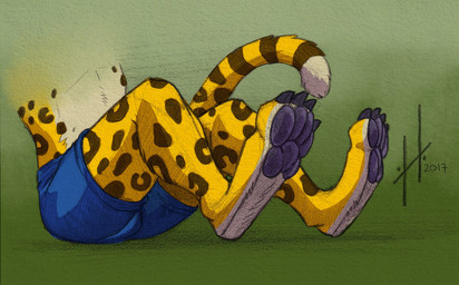 anthro blue_background bulge claws clothed clothing faceless_anthro faceless_character faceless_male feet foot_shot fur grey_claws grey_pawpads male male_anthro markings pawpads simple_background sitting slim_anthro slim_male solo spots spotted_legs spotted_markings spotted_tail striped_markings striped_tail stripes tail tail_markings toe_claws topless white_body white_fur yellow_body yellow_fur hufnaar cheetah felid feline mammal 2017 dated