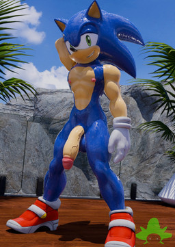 anthro balls clothing cloud footwear genitals glans glass glistening glistening_body gloves half-erect hand_behind_head handwear humanoid_genitalia humanoid_penis looking_at_viewer male muscular muscular_male nipples outside palm_tree penis pink_nipples plant raised_arm shoes sky smile solo standing tree vein veiny_penis wet wet_body bomberman_kenny sega sonic_the_hedgehog_(series) sonic_the_hedgehog eulipotyphlan hedgehog mammal 2026 3d_(artwork) digital_media_(artwork) hi_res