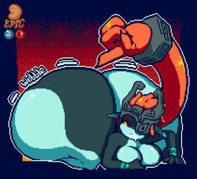 big_breasts big_butt black_body black_ears black_skin blue_body blue_border blue_markings blue_skin bodily_fluids border bottom_heavy breasts butt drooling eyebrows female fused_shadow gesture grey_helmet hair hand_gesture huge_butt humanoid_pointy_ears hyper hyper_butt kneeling logo looking_at_viewer markings motion_lines multicolored_body not_furry orange_background orange_hair pointing pointing_at_butt pointing_at_self pointy_ears prehensile_hair red_eyebrows red_eyes saliva shortstack shortstack_female simple_background smile smiling_at_viewer solo teeth thick_thighs three-quarter_view two_tone_body yellow_sclera epicpotatolord nintendo the_legend_of_zelda twilight_princess midna humanoid imp twili 2026 artist_logo cel_shading colored digital_media_(artwork) pixel_(artwork) shaded