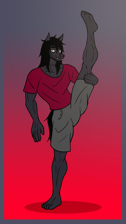 anthro black_body black_hair clothed clothing facial_hair fangs feet flexible hair looking_at_viewer male muscular muscular_male pose raised_leg simple_background solo teeth kimero_kat moloch_gidianni equid equine horse mammal vampire 9:16 hi_res meme