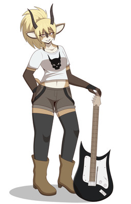 anthro blonde_hair bone boots bottomwear brown_body brown_fur clothed clothing electric_guitar female footwear fur guitar hair hand_on_hip horn hotpants legwear multicolored_body multicolored_fur musical_instrument plucked_string_instrument ponytail shirt shoes shorts simple_background skull skull_symbol smile solo string_instrument tail tan_body tan_fur text topwear white_background flyingtrace sadia_(flyingtrace) antelope bovid mammal 2024 digital_media_(artwork) hi_res shaded signature url