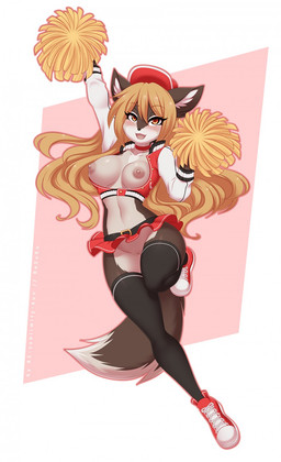 anthro areola biped black_body black_fur blonde_hair blush bottomwear breasts cheerleader choker clothed clothing female fluffy fluffy_tail footwear fur genitals hair hat headgear headwear jacket jewelry legwear long_hair multicolored_body multicolored_fur navel necklace nipples no_underwear open_clothing open_jacket open_mouth open_topwear partially_clothed pom_poms raised_bottomwear raised_clothing raised_skirt shoelaces shoes skirt smile solo tail thigh_highs topwear two_tone_body two_tone_fur vulva white_body white_fur re-sublimity-kun canid canine mammal 2018 digital_media_(artwork) hi_res shaded