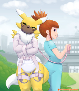ambiguous_gender anthro bdsm black_sclera blue_eyes bondage bound brown_hair building city clean_diaper clothed clothing crossed_arms cuff_(restraint) detailed_background diaper diapered_ambiguous dominant dominant_female dominant_human duo female front_view fully_clothed fur gag gagged grass hair leash leather leather_cuffs looking_aside muzzle_(object) muzzle_gag muzzled outside pantsless pink_straitjacket plant purple_eyes restrained restraints side_view standing straitjacket submissive submissive_female tongue tongue_out wearing_diaper white_diaper yellow_body yellow_fur the_padded_room bandai_namco digimon rika_nonaka digimon_(species) human mammal renamon digital_drawing_(artwork) digital_media_(artwork) hi_res shaded soft_shading watermark