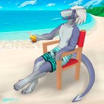 anthro beach blue_body blue_skin bottomwear chair claws clothing forest furniture grey_body hair juice jungle long_tail male plant sea shorts solo tail tree water white_hair aydaharart poldy alien mollusk scalie 1:1 absurd_res hi_res