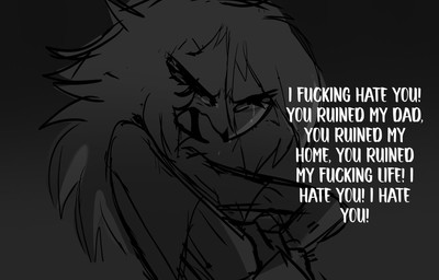 angry anthro beak bodily_fluids crossed_arms crying dialogue eyes_closed female hair long_hair profanity simple_background sitting solo tears text white_text yelling teathekook hellaverse helluva_boss octavia_(helluva_boss) avian bird owl owl_demon english_text hi_res monochrome