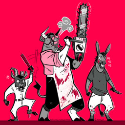 angry anthro apron blood bodily_fluids chainsaw clothing group horror_(theme) horror_movie knife laugh male mask michaelmyersleftfoot movie_reference power_tool stick tools trio weapon texas_chainsaw_massacre leatherface asinus bovid bovine caprine cattle donkey equid equine goat mammal 1:1