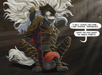 anthro armor balls biped black_armor bodily_fluids breastplate claws digitigrade erection fangs finger_claws fur genital_fluids genitals greaves grey_body grey_fur grin hair holding_melee_weapon holding_object holding_sword holding_weapon male melee_weapon penile_spines penis precum sitting smile solo speech_bubble sword teeth text toe_claws weapon white_hair mcfan elden_ring fromsoftware maliketh_(elden_ring) canid canine canis mammal wolf 2022 digital_media_(artwork) english_text hi_res
