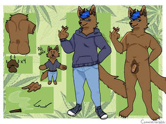 4_toes anthro barefoot blue_clothing blue_hair blue_hoodie blue_topwear bottomwear brown_body brown_fur brown_horn butt chibi clothing denim denim_bottomwear denim_clothing detailed_background drugs eyewear feet flaccid fluffy fluffy_tail fur genitals glasses green_background hair hoodie horn jeans looking_at_viewer male marijuana nails neck_tuft pants penis pubes simple_background slightly_chubby smile snout solo tail toes topwear tuft eggsamiich_(artist) converse mythology beagle_takatomi canid canid_demon canine demon hellhound mammal mythological_canine mythological_creature 4:3 model_sheet