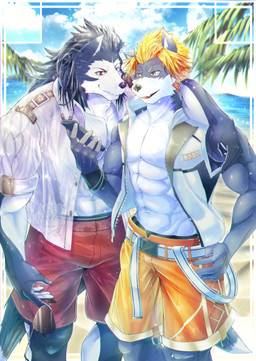 anthro arm_around_shoulders beach bottomwear clothed clothing duo electronics eyewear hair holding_eyewear holding_object holding_phone holding_sunglasses male male/male open_clothing open_shirt open_topwear orange_hair phone red_eyes sea shirt shorts summer sunglasses topwear water sack07071227 ikuto_waon sarasa_arujine canid canine canis mammal wolf absurd_res hi_res