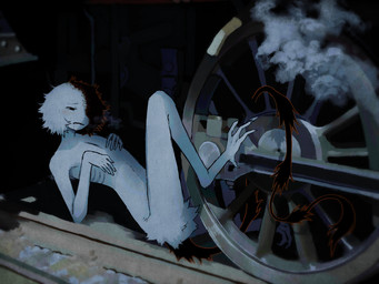 4_toes 5_fingers ambiguous_gender ambiguous_humanoid black_tail bodily_fluids detailed_background drooling feet fingers foot_on_object fur imminent_death leg_tuft lying mechanophilia monotone_body monotone_fur narrowed_eyes not_furry nude_ambiguous nude_humanoid on_back outside ribs saliva solo split_color steam tail toes train tuft vehicle wheel white_body white_fur jejejunum ember_(jejejunum) humanoid spirit 2025 4:3 digital_media_(artwork) digital_painting_(artwork) hi_res painting_(artwork) shaded