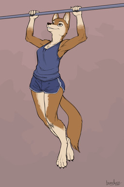 4_toes 5_fingers anthro athletic athletic_anthro athletic_female athletic_wear barefoot biped black_nose black_toe_claws blue_bottomwear blue_clothing blue_shirt blue_shorts blue_tank_top blue_topwear bottomwear brown_body brown_fur brown_tail claws clothing dolphin_shorts exercise feet female fingers fur hands_above_head long_tail looking_up multicolored_body multicolored_fur shirt shorts smile solo tail tank_top toe_claws toes topwear two_tone_body two_tone_fur workout workout_clothing mainlinemojo sunshine_(ferretfyre) canid canine canis domestic_dog mammal 2021 2:3 absurd_res full-length_portrait hi_res portrait