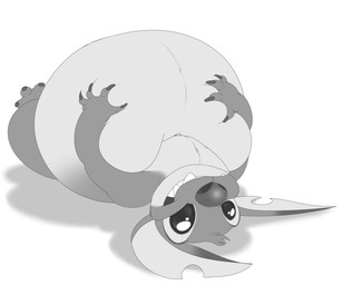 4_fingers claws fingers fur hand_on_belly head_tuft inflation lying notched_ear on_back simple_background smile solo tuft white_background bloo disney lilo_and_stitch stitch_(lilo_and_stitch) alien experiment_(lilo_and_stitch) 2015 greyscale monochrome