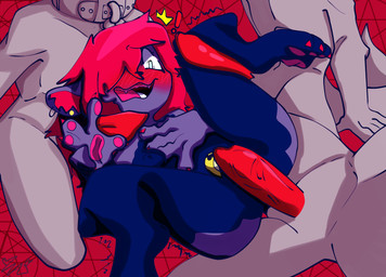 anthro big_penis blush chastity_cage chastity_device femboy genitals group legs_up male male/male penis prestes nalizom_iuga canid canine canis mammal wolf hi_res