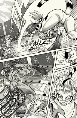 5_fingers abs anthro antlers armor athletic athletic_anthro athletic_male audience barefoot bottomwear breasts butt clothed clothing dialogue duo fangs feet female fight fingers fur gladiator group hair hooves horn humanoid_hands knife loincloth male melee_weapon missing_arm missing_leg navel net nipples offscreen_character pauldron polearm prosthetic prosthetic_leg prosthetic_limb scissor_(gladiator) speech_bubble teeth text toes topless topless_anthro topless_female topless_male trident walking warrior weapon daigaijin irlenk_(daigaijin) mazy_(daigaijin) pasti_(daigaijin) deer dinosaur felid feline mammal prehistoric_species reptile scalie comic english_text hi_res