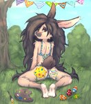 back-tie_bra back-tie_underwear bikini bra clothing egg female hair holidays long_hair outside paint panties sitting solo swimwear two-piece_swimsuit underwear elronya easter fan_character ronya lagomorph leporid mammal rabbit