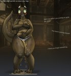 2021 anthro argonian blush bodily_fluids breasts clothed clothing covering covering_breasts covering_self covering_stomach dialogue embarrassed english_text eyelashes female genital_fluids green_body green_eyes green_scales hi_res horn humiliation inside microsoft offscreen_character omorashi panties panties_only peeing public public_humiliation public_nudity pupils reptile scales scalie screencap screencap_background slightly_chubby slit_pupils solo squablodecomplash tavern teeth text text_box the_elder_scrolls topless underwear underwear_only urine wetting wide_hips