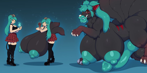 balls big_breasts big_penis black_clothing black_footwear black_high_heels blush breast_expansion breasts busty_feral clothing erection expansion female feral footwear ftg_transformation fti_transformation gender_transformation genitals green_hair growth gynomorph hair high_heels huge_breasts humanoid_to_feral intersex knot lip_expansion lips looking_at_viewer multi_tail_growth nipples penis shoes smile solo spade_tail species_transformation tail tail_growth thick_lips transformation lebustyferals canid humanoid mammal 2025 digital_media_(artwork) hi_res sequence