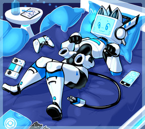 :3 bed controller disembodied_hand duo furniture game_controller hand_on_hip lying machine male not_furry on_back on_bed baronflint camelot_(baronflint) animal_humanoid cat_humanoid felid felid_humanoid feline feline_humanoid humanoid mammal mammal_humanoid robot robot_humanoid