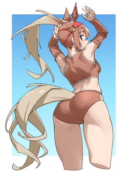 5_fingers accessory arched_back arm_warmers armwear athletic back_muscles bangs blonde_hair blue_background blush breasts brown_clothing brown_eyes brown_hair butt camel_toe clothing exposed_shoulder eyebrow_through_hair eyebrows eyelashes female fingers hair hair_accessory halter head_accessory horse_ears horse_tail human_ears inner_ear_fluff lifted_arms looking_back multi_ear multicolored_hair muscular muscular_thighs one_eye_obstructed partially_obscured_face ponytail presenting presenting_hindquarters rear_view red_accessory side_bangs simple_background sky solo tail touching_hair translucent translucent_hair tuft two_tone_hair tying_hair yellow_tail kemono_friends chestnut_horse_(kemono_friends) animal_humanoid equid equid_humanoid equine horse humanoid mammal mammal_humanoid digital_media_(artwork) half-length_portrait hi_res japanese_description portrait