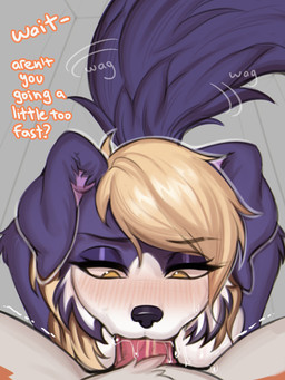 anthro big_penis blonde_hair bodily_fluids breasts collar deep_throat dialogue duo erection fellatio female first_person_view floppy_ears fur genitals hair humanoid_genitalia humanoid_penis looking_at_viewer male male/female male_pov oral oral_penetration penetration penile penis purple_body purple_fur saliva sex tail tail_motion tailwag text hyattlen diane_(drako1997) border_collie canid canine canis collie domestic_dog herding_dog mammal pastoral_dog sheepdog 2025 3:4 english_text hi_res