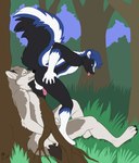 anthro balls black_body black_fur butt butt_sniffing circumcised disgust disgusted_face duo forced_sniffing forest forest_background fur genitals humiliation male male/male multicolored_body multicolored_fur nature nature_background nose_to_anus penis plant punishment raised_tail skunk_tail sniffing tail tongue tongue_out trapped tree moodyferret varo_(skunksly) canid canine canis mammal mephitid skunk wolf 2018