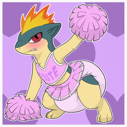 ambiguous_gender anthro bared_teeth blue_body blue_fur blue_inner_ear bodily_fluids border bottomwear cheerleader cheerleader_outfit clean_diaper clothed clothing crop_top crying diaper digitigrade fire flaming_hair fur heart_symbol humiliation multicolored_body multicolored_fur one_eye_obstructed pattern_background pink_bottomwear pink_clothing pink_crop_top pink_diaper pink_shirt pink_skirt pink_topwear pom_poms pose pseudo_hair red_eyes shirt simple_background skirt solo standing tears teeth text topwear two_tone_body two_tone_fur wearing_diaper white_border yellow_body yellow_fur nineplusten nintendo pokemon generation_2_pokemon pokemon_(species) quilava 1:1 2025 english_text full-length_portrait hi_res portrait