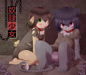 anthro black_hair blush bottomless bottomwear brown_body brown_fur brown_hair clothed clothing collar duo female fur genitals green_eyes grey_body grey_fur hair happy_slave kneeling loli looking_at_viewer no_underwear pink_eyes reclining skirt slave torn_clothing upskirt vulva young young_anthro young_female raizinndx grey_(raizinndx) canid canine canis domestic_cat domestic_dog felid feline felis mammal 2012