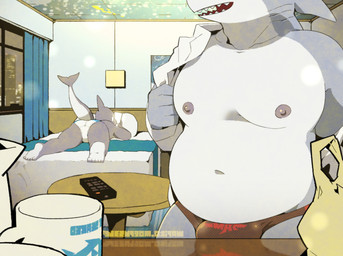 anthro bed bedroom belly black_clothing black_speedo black_swimwear blue_curtains bulge cellphone clothing container cup detailed_background duo electronics emoji_description feet furniture gills grey_body inside looking_at_object looking_at_phone lying male male/male male_anthro mug navel nipples nutt on_bed on_front open_mouth overweight overweight_anthro overweight_male phone smartphone speedo swimwear table tail teeth_showing text underwear white_body white_clothing white_underwear window moesouna_gomi aquatic cetacean dolphin fish mammal oceanic_dolphin orca shark toothed_whale 2026 artist_name digital_media_(artwork)