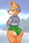 anthro big_butt bubble_butt butt clothing crossed_arms femboy fur green_eyes headgear jacket leotard looking_back male rear_view solo tailless tan_body tan_fur tight_clothing topwear acstlu nintendo star_fox fox_mccloud canid canine fox mammal 2022 absurd_res hi_res