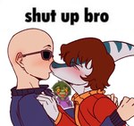 anthro bald biped blue_body blue_clothing blue_jacket blue_scales blue_topwear blush bone_frill brown_hair clothing duo_focus eyes_closed eyewear female fingers frill_(anatomy) fujoshi gay_in_front_of_girls green_body green_hair green_scales group hair hand_on_chest human_on_anthro humanoid_hands infidelity interspecies jacket male male/male markings medium_hair open_mouth red_clothing red_jacket red_topwear romantic scales short_hair side_view striped_markings stripes sunglasses surprised text topwear trio yellow_sclera cdepraxis cavemanon_studios i_wani_hug_that_gator benjamin_mcknight inco_(iwhtg) olivia_halford baryonyx dinosaur hadrosaurid human mammal ornithischian ornithopod parasaurolophus prehistoric_species reptile scalie spinosaurid theropod 2025 english_text meme