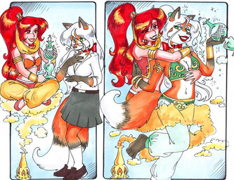 bracelet breasts cleavage clothed clothing corruption duo eyewear female glasses hair hug hugging_another hugging_from_behind jewelry midriff red_hair simple_background white_hair sue-chan_(artist) canid canine fox genie human mammal hi_res traditional_media_(artwork)