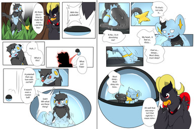 age_regression anthro anthro_to_feral beak black_body blue_body breasts captured duo featureless_breasts featureless_crotch female feral ftm_transformation gender_transformation goo-connected_lips goo_transformation in_pokeball male nude outside pokeball red_sclera regression species_transformation speech_bubble standing text transformation transformation_sequence walking wolferion nintendo pokemon ciel_(phoenix) john_(swack16) kirara_(swack16) avian felid generation_4_pokemon luxray mammal pokemon_(species) shinx 2020 3:2 absurd_res colored comic english_text hi_res