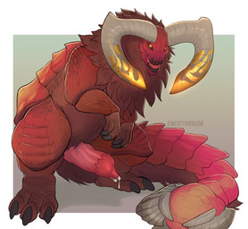 animal_genitalia animal_penis big_horn bodily_fluids claws clubbed_tail cum cum_drip curved_horn dripping erection feral genital_fluids genitals geometric_background gradient_penis horn male mane penis plate red_body red_mane red_scales ridges scales simple_background solo standing tail thick_tail vein veiny_penis weapon_tail yellow_eyes qwertydragon capcom monster_hunter larynkir brute_wyvern duramboros scalie 2018 colored shaded